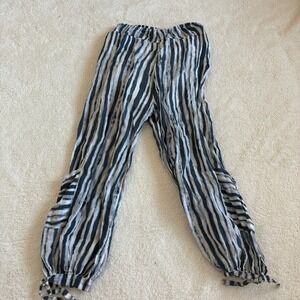 Banana Blue Striped Gauze Pants Boho Tie Ankle Pockets Size S Resortwear
